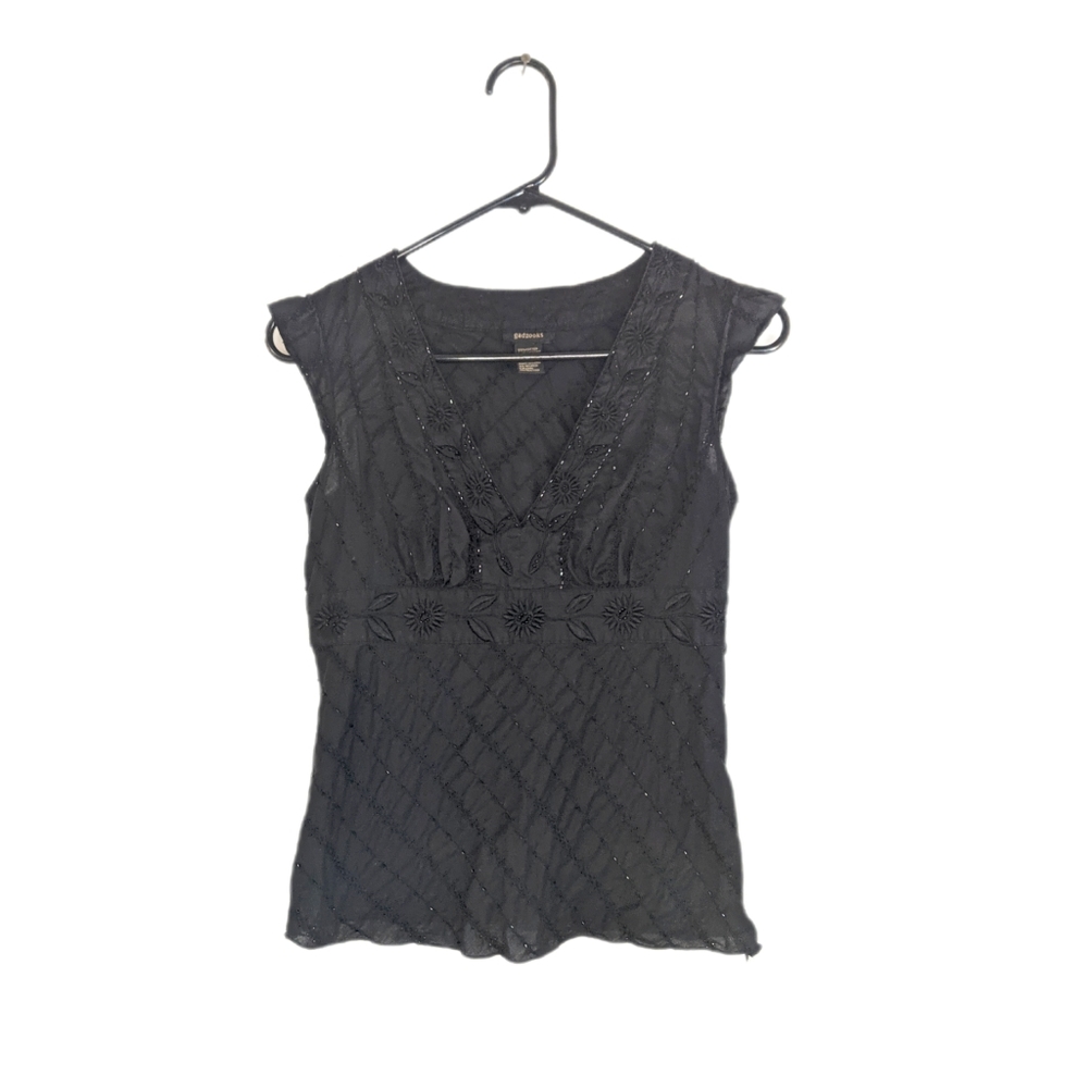 Y2K Black Beaded Empire Babydoll Waist Feminine Tank Top Blouse